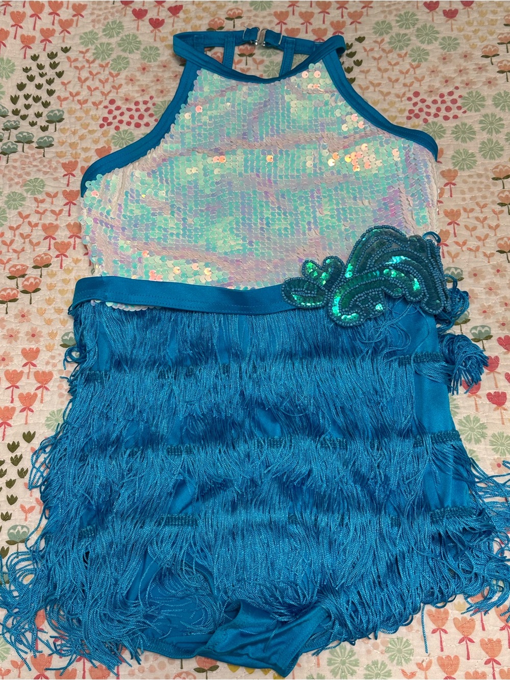 Weissman White dance costume with Bright Turquoise Trim